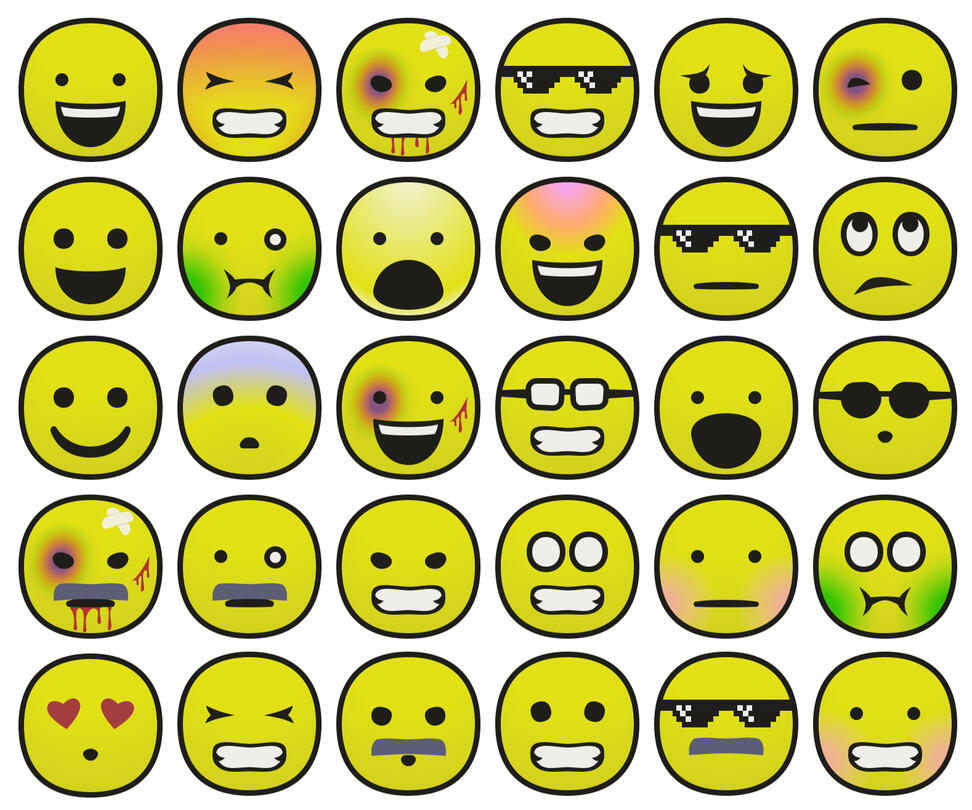 Custom Emoji, built from a bespoke library of parts using Figma.