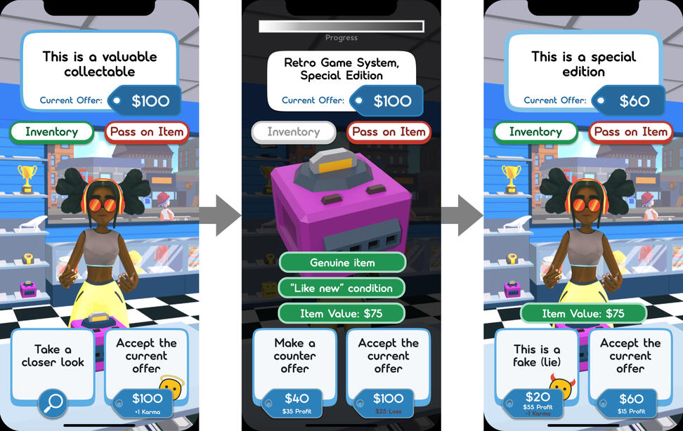 Storyboard for a proposed pawn shop haggling game. UI mockup made using Figma. Game images captured in Unity.