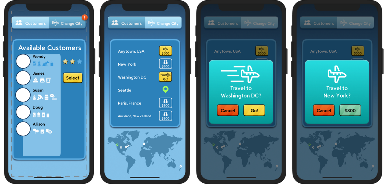 UI designs for a delivery-themed mobile game. Made in Figma.