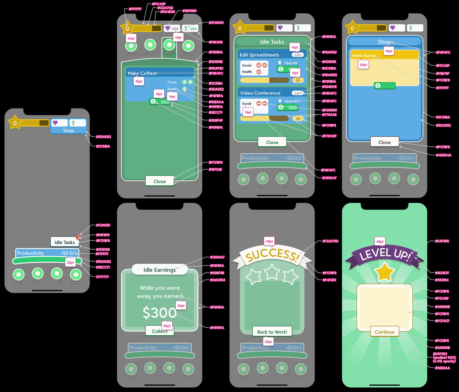 Text sizes and color codes; notated for the game design documentation.