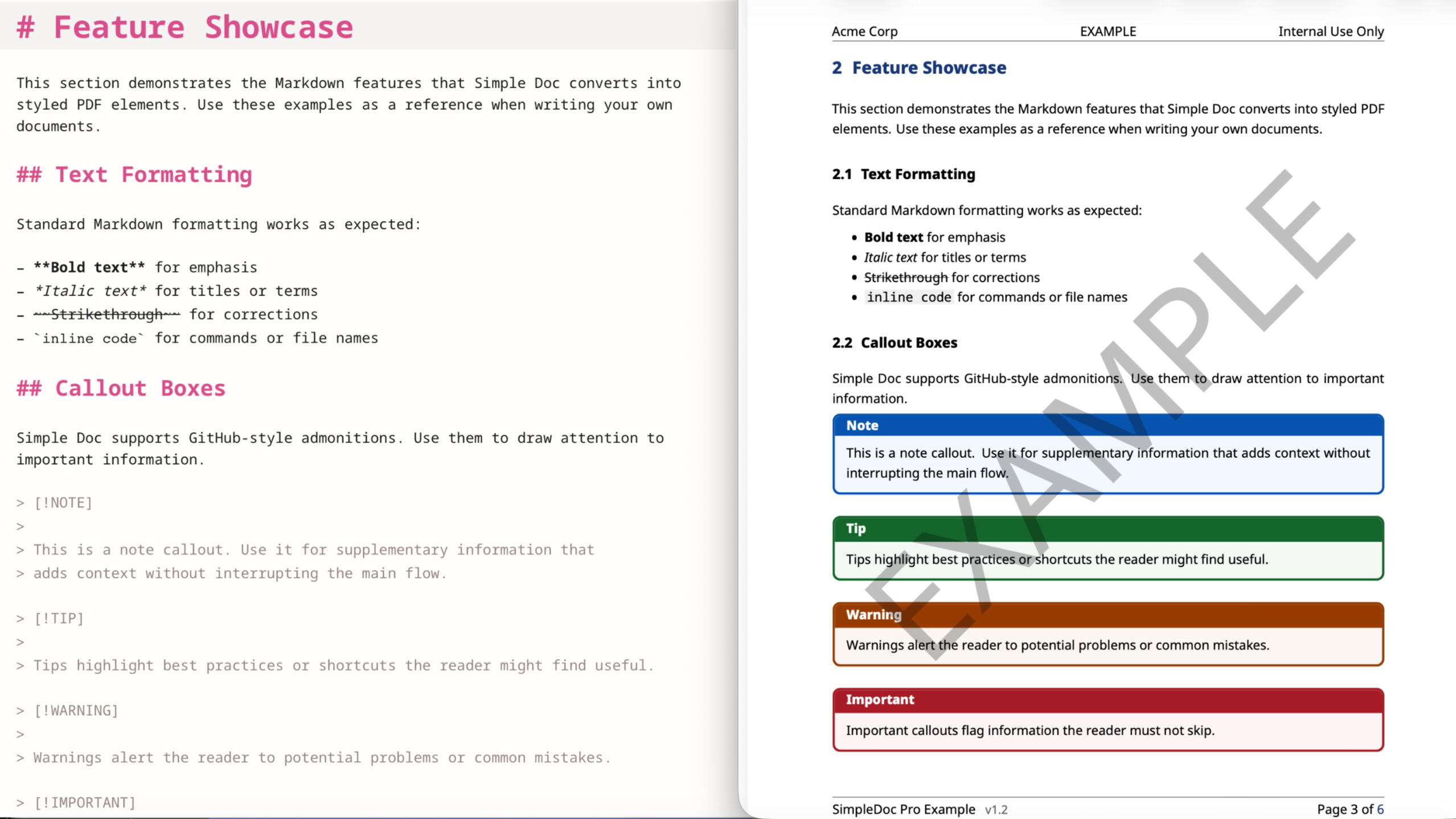 Comparison of raw Markdown and styled output. Side by side comparison showing raw Markdown on the left and the styled output on the right.